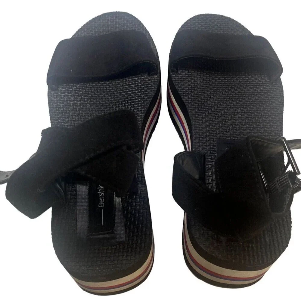 BERSHKA Women Platform Size 9.5 Black Wedge Summer Beach Sandals‎